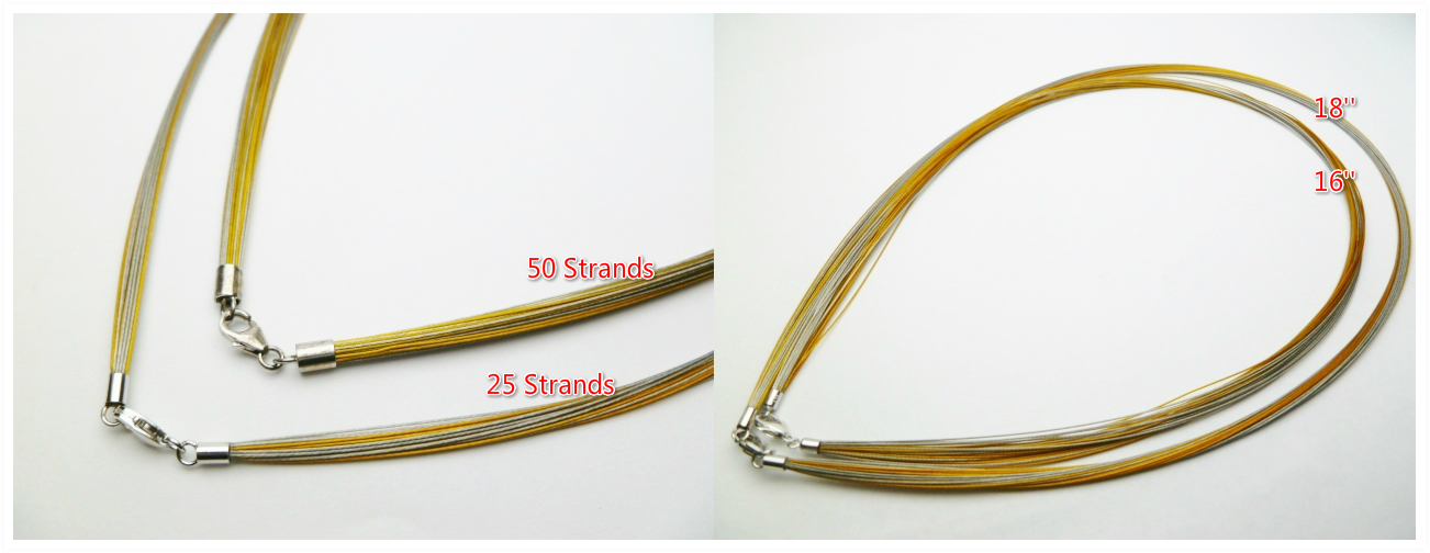 16"- 25 Strands Gold/Sliver Claps Color Steel Cable 925 Sliver C